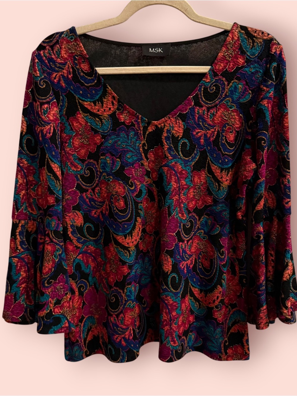 Vintage Y2K MSK Jewel Tone Paisley Floral Bell Sleeve Top Metallic Boho M/L